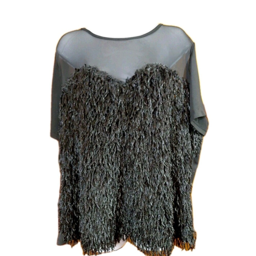 Ashley Stewart 22/24 Black Sheer & Feathery Short Sleeve Sweetheart Style Top